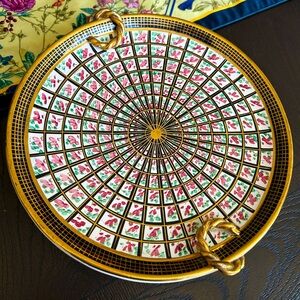 Vintage Hand Painted Belgium Cake Stand Tray Gold Detailed